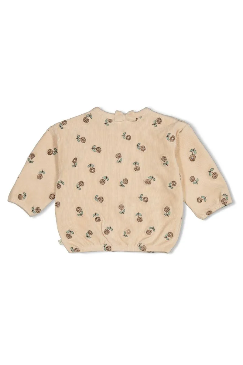 Feetje Sweater Velours Rib Lucky Bloombird Offwhite, zachte velours babytrui met ribstructuur en Bloombird-motief